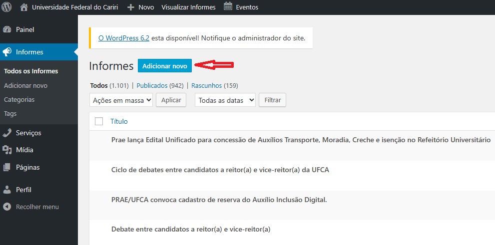 Adicionando um informe pelo botão adicionar novo