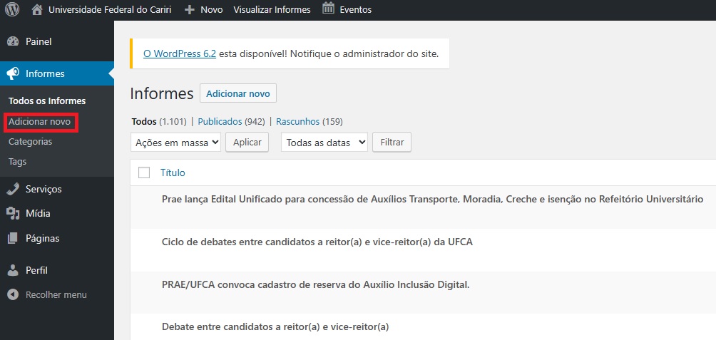 Adicionando um Informe pelo menu lateral esquerdo 